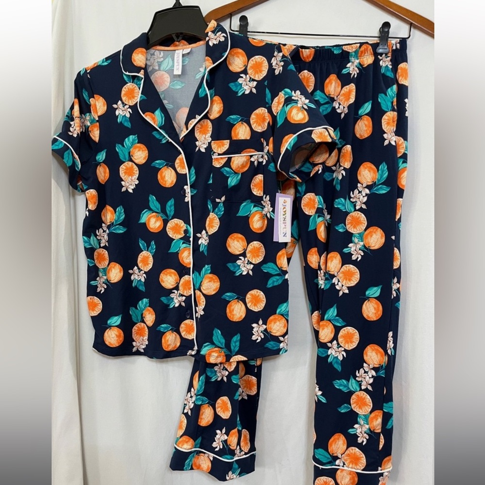 Navy Print Notch Collar PJ Set with Orange Accents
